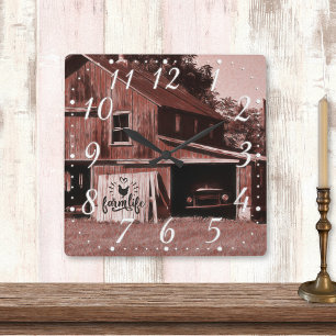 Farm Life Antique Red Barn Fyrkantig Klocka