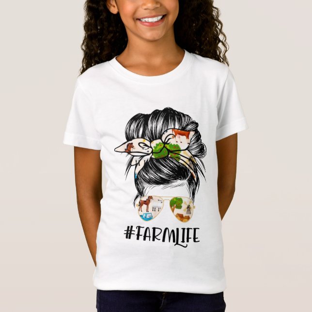 Farm Life Messy Hair Bun Girl T Shirt (Framsida)