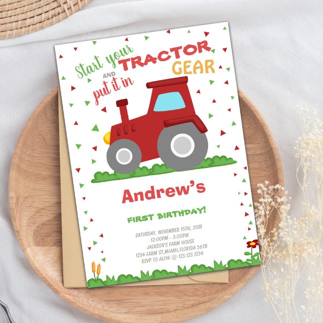 Farm- och traktorkort för Party Inbjudningar (Green Grass Tractor Birthday Invitations)