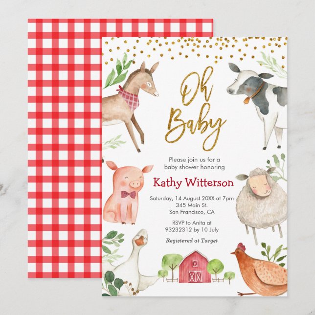 Farm oh baby, inbjudan till babydusch (Fram/baksida)