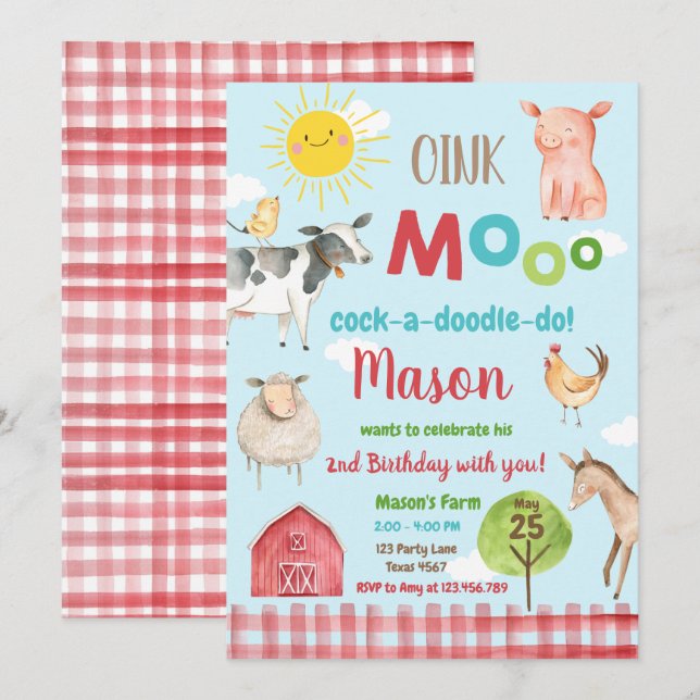 Farm Old MacDonald Barnyard Red Animals Party Inbjudningar (Fram/baksida)