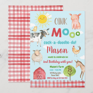 Farm Old MacDonald Barnyard Red Animals Party Inbjudningar