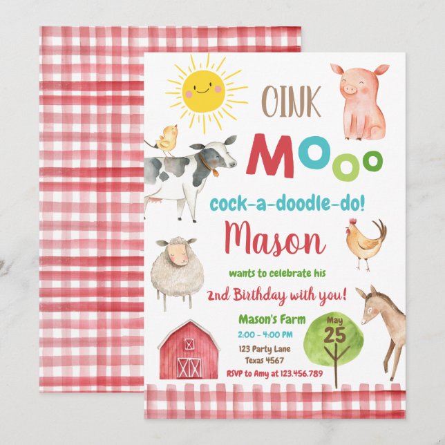 Farm Old MacDonald Barnyard Red Animals Party Inbjudningar (Fram/baksida)