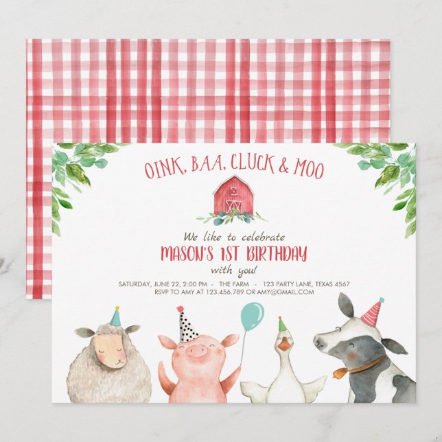 Farm Old MacDonald Barnyard Red Boy Animals Party Inbjudningar (Fram/baksida)