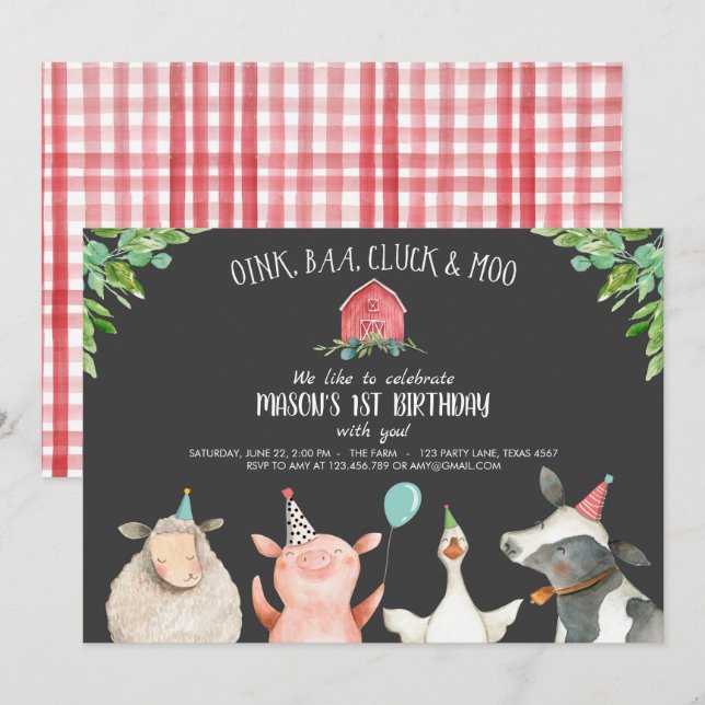 Farm Old MacDonald Barnyard Red Boy Animals Party Inbjudningar (Fram/baksida)