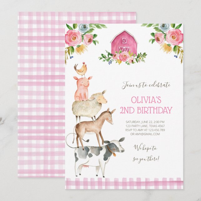 Farm Old MacDonald Barnyard Rosa Animals Party Inbjudningar (Fram/baksida)