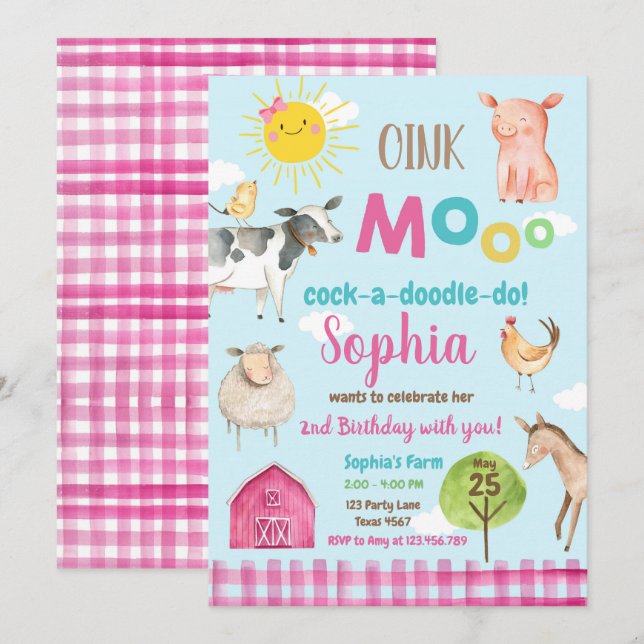 Farm Old MacDonald Barnyard Rosa Animals Party Inbjudningar (Fram/baksida)