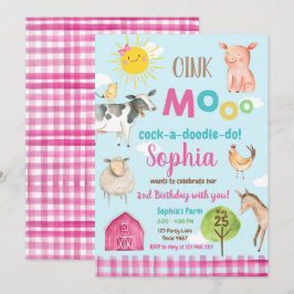 Farm Old MacDonald Barnyard Rosa Animals Party Inbjudningar
