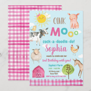 Farm Old MacDonald Barnyard Rosa Animals Party Inbjudningar