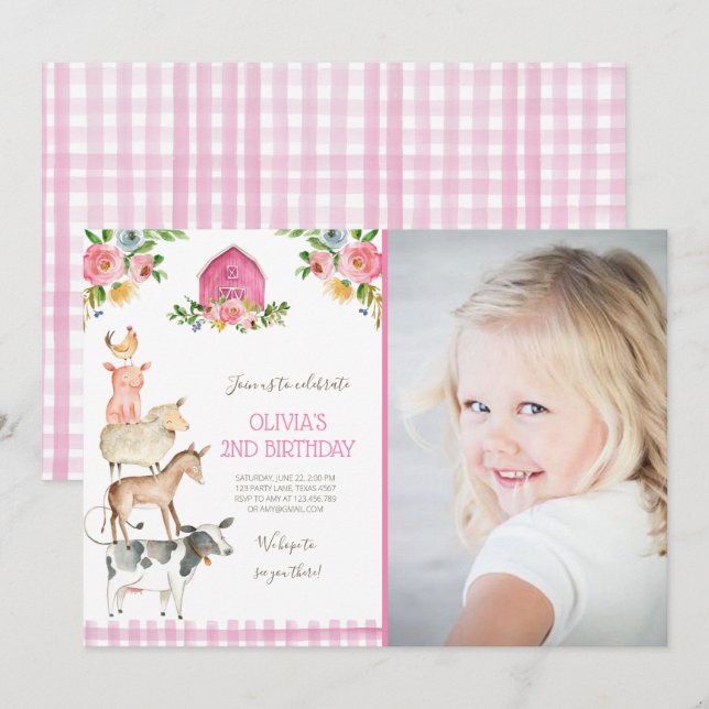 Farm Old MacDonald Barnyard Rosa Animals Party Inbjudningar (Fram/baksida)