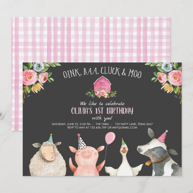 Farm Old MacDonald Barnyard Rosa Animals Party Inbjudningar (Fram/baksida)