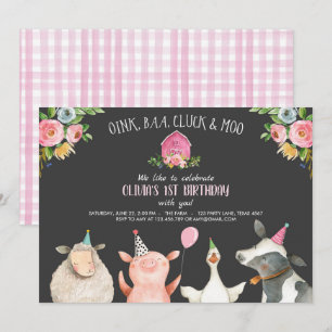 Farm Old MacDonald Barnyard Rosa Animals Party Inbjudningar