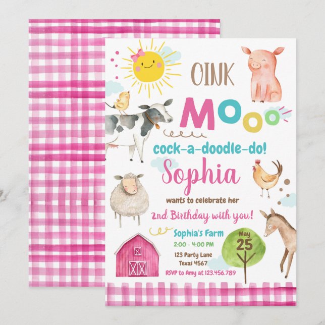 Farm Old MacDonald Barnyard Rosa Animals Party Inbjudningar (Fram/baksida)