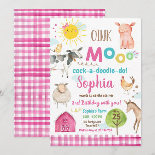 Farm Old MacDonald Barnyard Rosa Animals Party Inbjudningar
