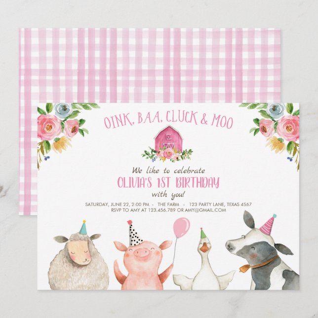 Farm Old MacDonald Barnyard Rosa Animals Party Inbjudningar (Fram/baksida)