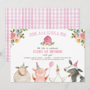 Farm Old MacDonald Barnyard Rosa Animals Party Inbjudningar