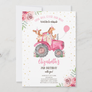 Farm Party Animals Rosa Tractor Inbjudningar