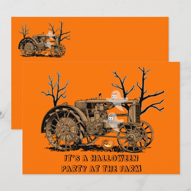 FARM PARTY Farm Tractor Spöken JACK O LANTERN Inbjudningar (Fram/baksida)