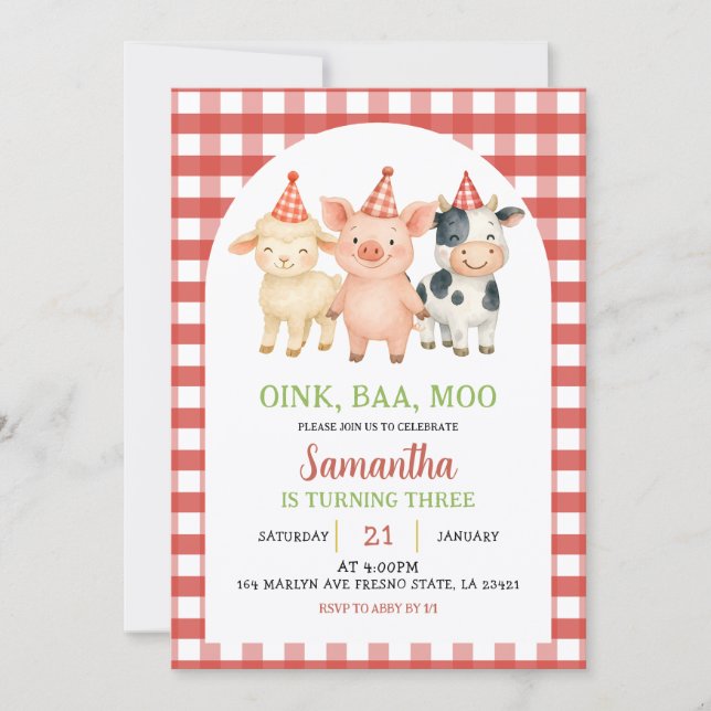 Farm Party Gingham Birthday Invitation Inbjudningar (Framsida)