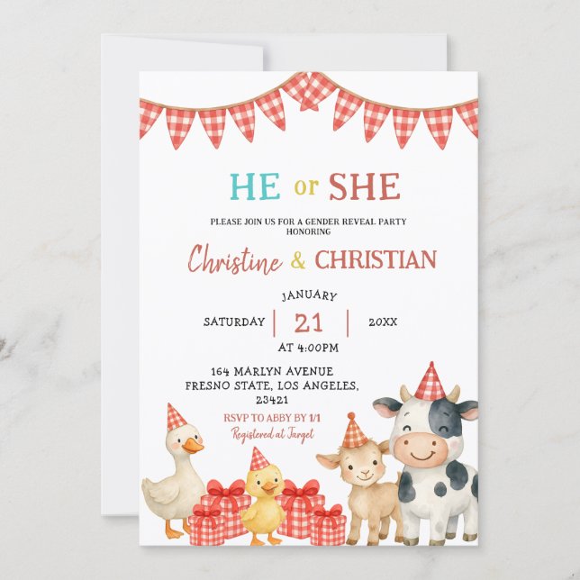 Farm Party He or She Gender Reveal Invitation Inbjudningar (Framsida)