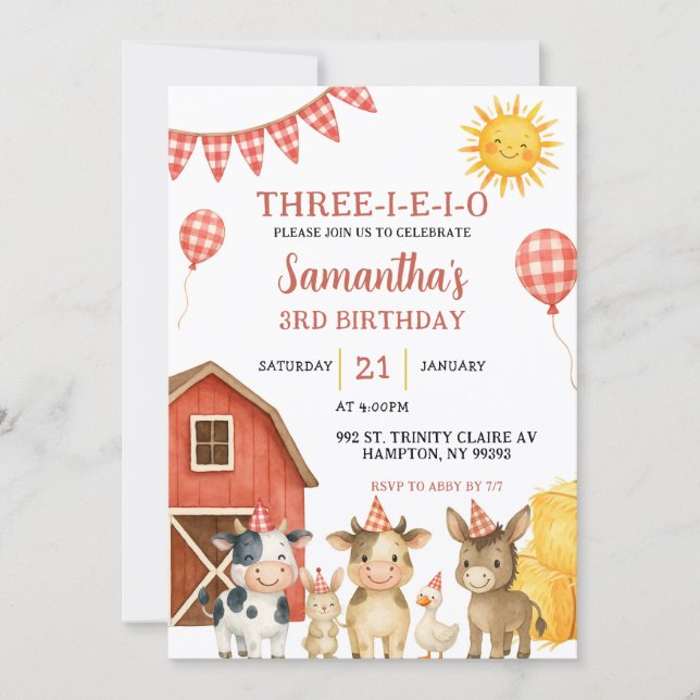 Farm Party Three-i-e-i-o Birthday Invitation Inbjudningar (Framsida)