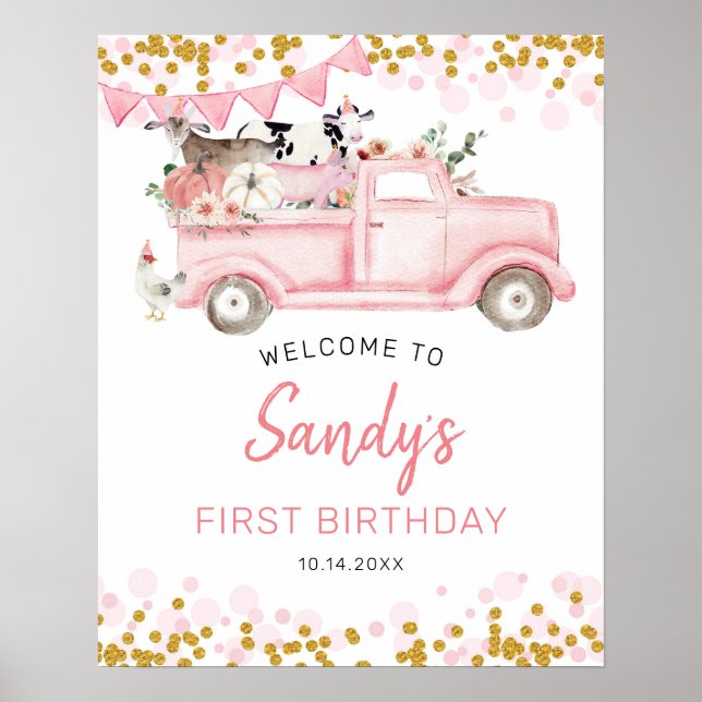 Farm Pumpkin Rosa Lastbil Drive by Birday Welcome Poster (Framsidan)