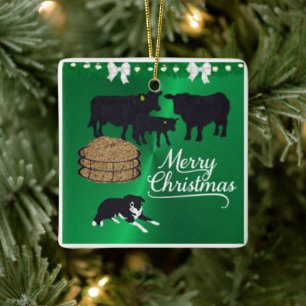 Farm Ranch Black Angus-boskap och Hund jul Julgransprydnad Keramik