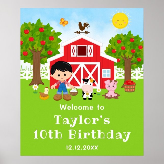 Farm Red Barn Black Hair Boy Birthday Välkommen Poster (Framsidan)