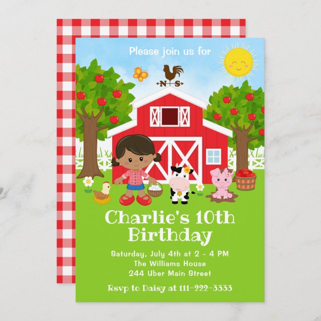 Farm Red Barnyard Birthday African American Girl Inbjudningar (Fram/baksida)