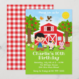 Farm Red Barnyard Birthday Black Hair Boy Inbjudningar