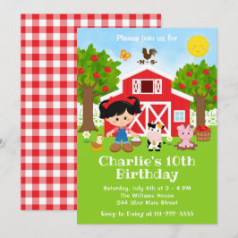 Farm Red Barnyard Birthday Black Hair Girl Inbjudningar