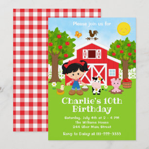 Farm Red Barnyard Birthday Black Hair Girl Inbjudningar
