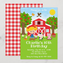 Farm Red Barnyard Birthday Blonde Hair Girl Inbjudningar
