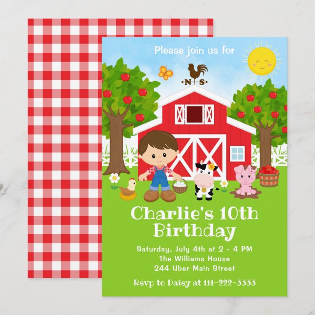 Farm Red Barnyard Birthday Brown Hair Boy Inbjudningar (Fram/baksida)