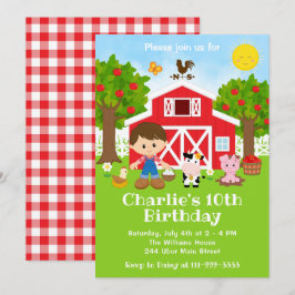 Farm Red Barnyard Birthday Brown Hair Boy Inbjudningar