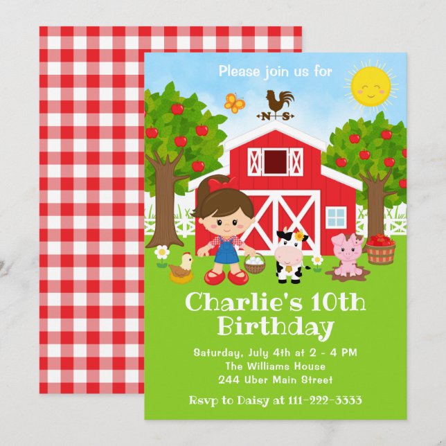 Farm Red Barnyard Birthday Brown Hair Girl Inbjudningar (Fram/baksida)