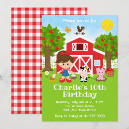 Farm Red Barnyard Birthday Brown Hair Girl Inbjudningar