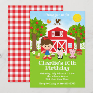 Farm Red Barnyard Birthday Brown Hair Girl Inbjudningar