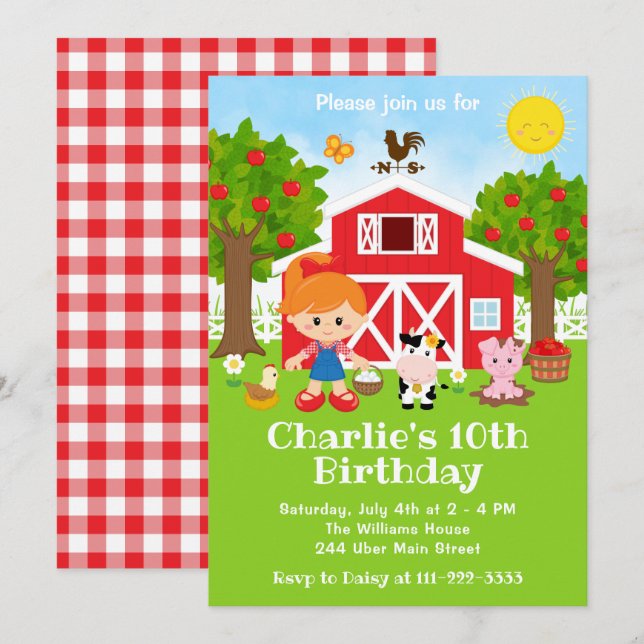 Farm Red Barnyard Birthday Red Hair Girl Inbjudningar (Fram/baksida)