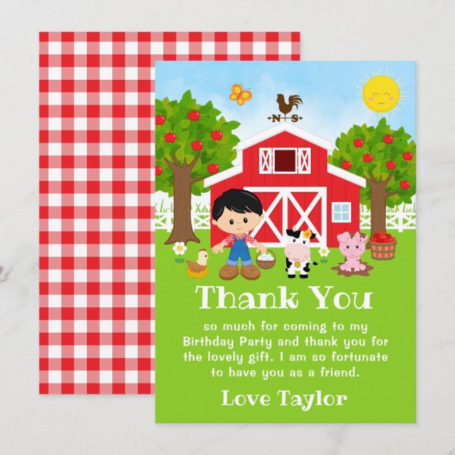 Farm Red Birthday Black Hair Boy Tack Kort (Fram/baksida)