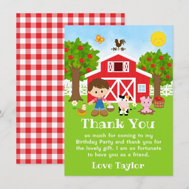 Farm Red Birthday Brown Hair Boy Tack Kort (Fram/baksida)