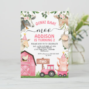 Farm Rosa Barn och Tractor Girls Birthday Inbjudningar