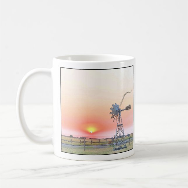 Farm Scene vid Sunset med Rustic Kvarn Kaffemugg (Vänster)