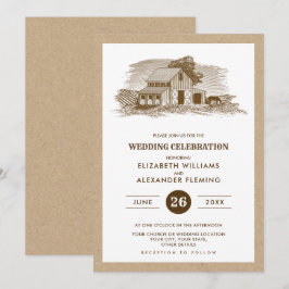 Farm Scetch Kraft Papper Rustic Wedding Investigat Inbjudningar