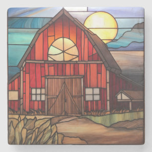 Farm Stached Glass Red Rustic Barn liggande Stenunderlägg