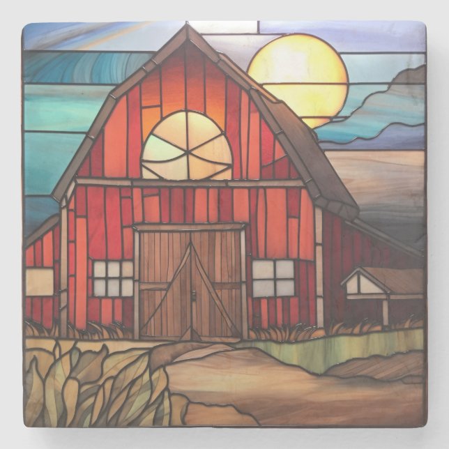 Farm Stached Glass Red Rustic Barn liggande Stenunderlägg (Framsidan)