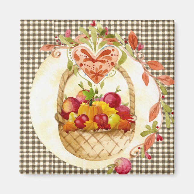 Farm Stil Harvest Basket / Brown Gingham Fridge Magnet (Framsidan)