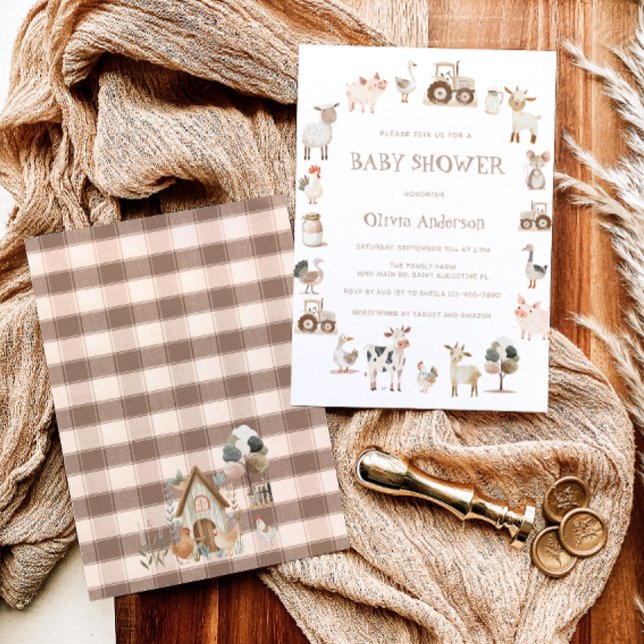 Farm Thecked Gender Neutral Baby Shower Inbjudningar (Skapare uppladdad)