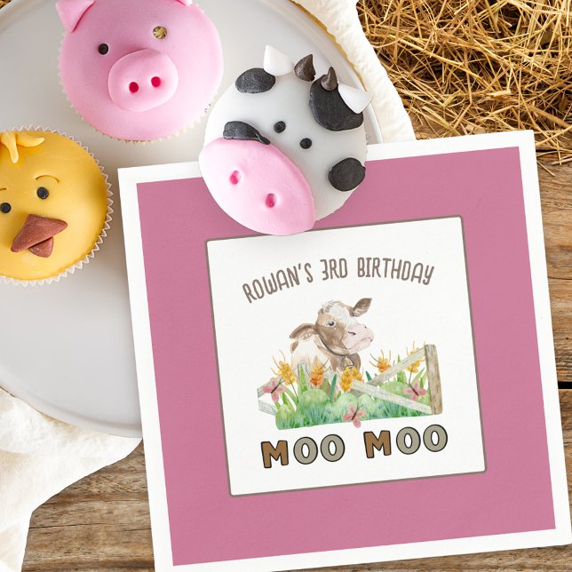 Farm Theme Cow Moo Moo Barns födelsedag Party Pappersservett (Farm themed birthday party plates with personalized wording)