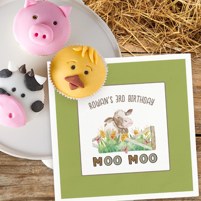 Farm Theme Cow Moo Moo Barns födelsedag Party Pappersservett (Farm themed birthday party napkins with personalized wording)